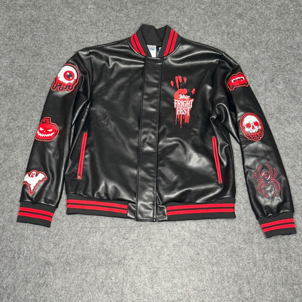 Six Flags Fright Fest Bomber Jacket Mens Medium Black Faux Leather Halloween Sku